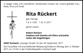 Traueranzeige von Rita Rückert von Waldeckische Landeszeitung