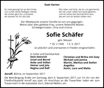 Traueranzeige von Sofie Schäfer von Waldeckische Landeszeitung