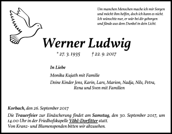 Traueranzeige von Werner Ludwig von Waldeckische Landeszeitung