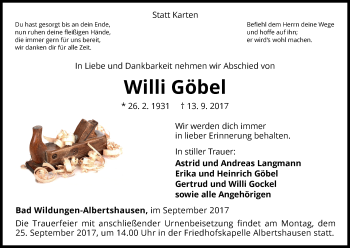 Traueranzeige von Willi Göbel von Waldeckische Landeszeitung