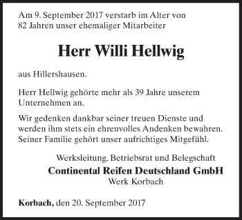 Traueranzeige von Willi Hellwig von Waldeckische Landeszeitung