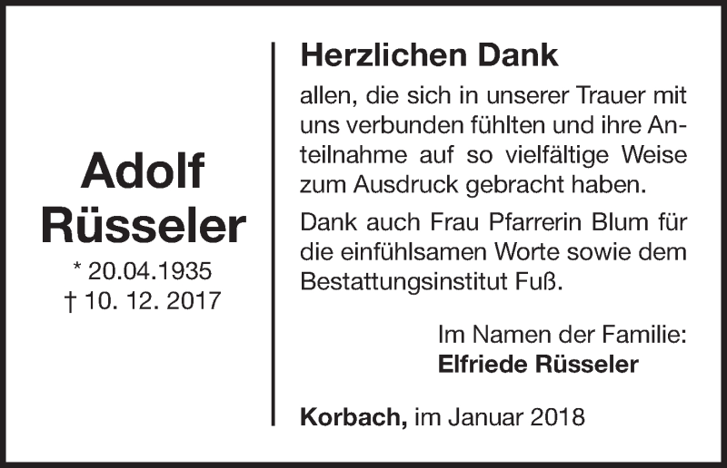  Traueranzeige für Adolf Rüsseler vom 13.01.2018 aus Waldeckische Landeszeitung