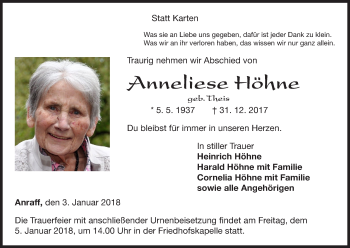 Traueranzeige von Anneliese Höhne von Waldeckische Landeszeitung