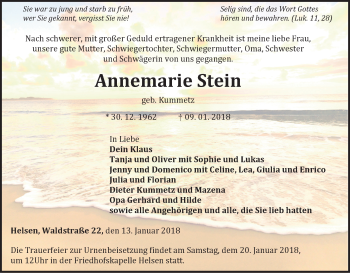 Traueranzeige von Annemarie Stein von Waldeckische Landeszeitung