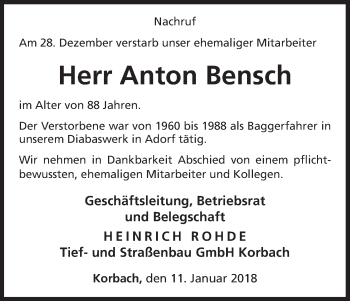 Traueranzeige von Anton Bensch von Waldeckische Landeszeitung