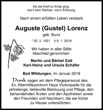 Traueranzeige von Auguste Lorenz von Waldeckische Landeszeitung