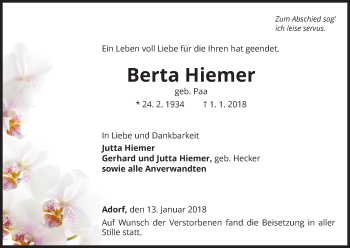 Traueranzeige von Berta Hiemer von Waldeckische Landeszeitung