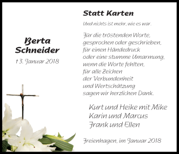 Traueranzeige von Berta Schneider von Waldeckische Landeszeitung