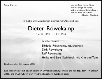 Traueranzeige von Dieter Röwekamp von Waldeckische Landeszeitung