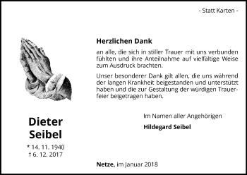 Traueranzeige von Dieter Seibel von Waldeckische Landeszeitung