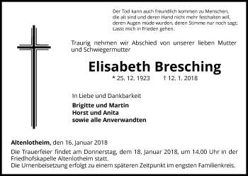 Traueranzeige von Elisabeth Bresching von Waldeckische Landeszeitung