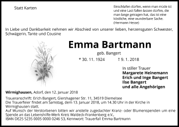 Traueranzeige von Emma Bartmann von Waldeckische Landeszeitung