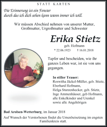 Traueranzeige von Erika Stietz von Waldeckische Landeszeitung