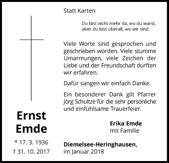 Traueranzeige von Ernst Emde von Waldeckische Landeszeitung