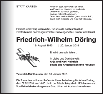 Traueranzeige von Friedrich-Wilhelm Döring von Waldeckische Landeszeitung