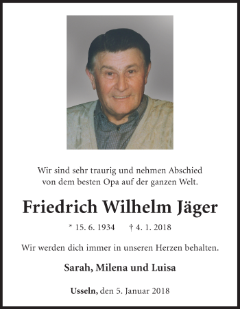 Traueranzeige von Friedrich Wilhelm Jäger von Waldeckische Landeszeitung