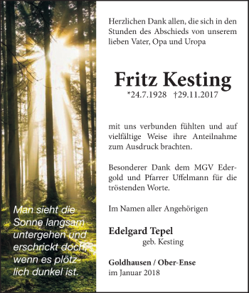 Traueranzeige von Fritz Kesting von Waldeckische Landeszeitung