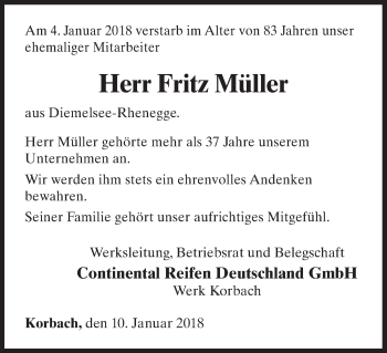 Traueranzeige von Fritz Müller von Waldeckische Landeszeitung