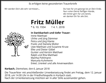 Traueranzeige von Fritz Müller von Waldeckische Landeszeitung