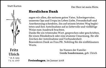 Traueranzeige von Fritz Ulrich von Waldeckische Landeszeitung