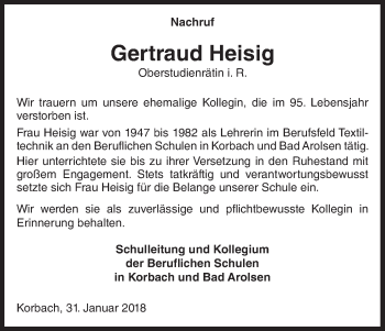 Traueranzeige von Gertraud Heisig von Waldeckische Landeszeitung