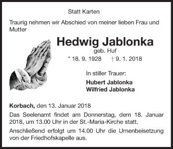 Traueranzeige von Hedwig Jablonka von Waldeckische Landeszeitung