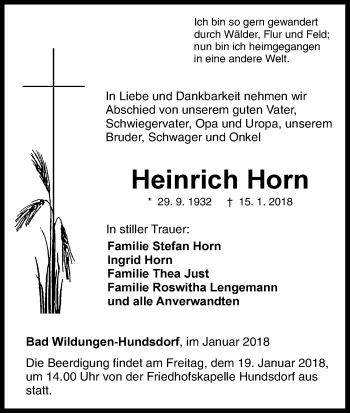 Traueranzeige von Heinrich Horn von Waldeckische Landeszeitung