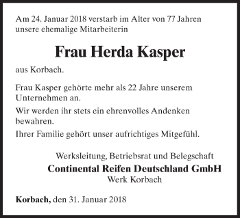 Traueranzeige von Herda Kasper von Waldeckische Landeszeitung
