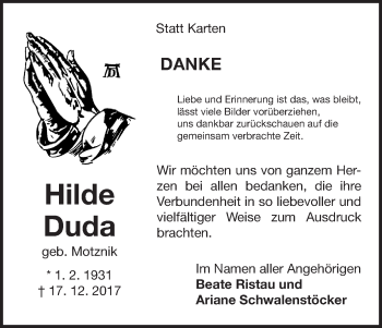 Traueranzeige von Hilde Duda von Waldeckische Landeszeitung