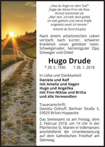 Traueranzeige von Hugo Drude von Waldeckische Landeszeitung
