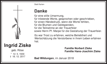 Traueranzeige von Ingrid Ziske von Waldeckische Landeszeitung