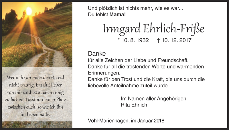  Traueranzeige für Irmgard Ehrlich-Friße vom 13.01.2018 aus Waldeckische Landeszeitung