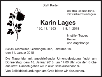 Traueranzeige von Karin Lages von Waldeckische Landeszeitung