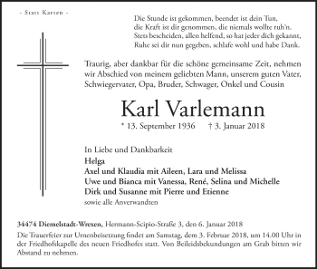 Traueranzeige von Karl Varlemann von Waldeckische Landeszeitung