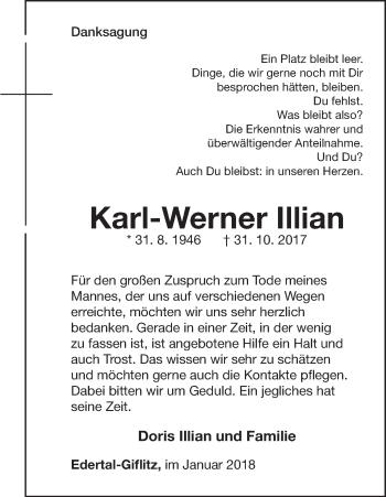 Traueranzeige von Karl-Werner Illian von Waldeckische Landeszeitung