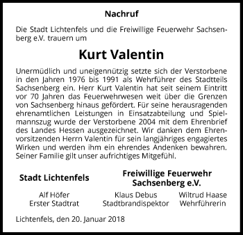 Traueranzeige von Kurt Valentin von Waldeckische Landeszeitung