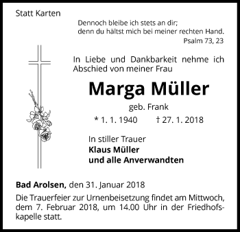 Traueranzeige von Marga Müller von Waldeckische Landeszeitung