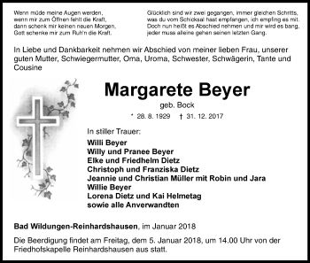 Traueranzeige von Margarete Beyer von Waldeckische Landeszeitung