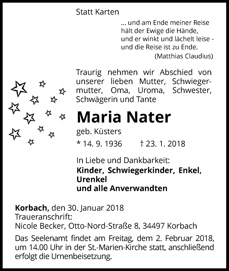  Traueranzeige für Maria Nater vom 30.01.2018 aus Waldeckische Landeszeitung