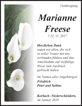 Traueranzeige von Marianne Freese von Waldeckische Landeszeitung