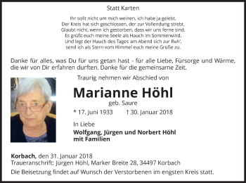 Traueranzeige von Marianne Höhl von Waldeckische Landeszeitung