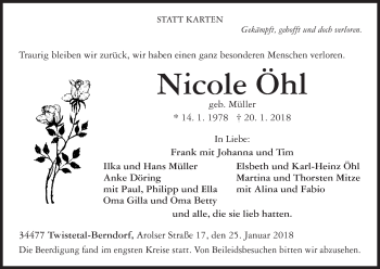 Traueranzeige von Nicole Öhl von Waldeckische Landeszeitung