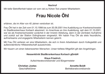 Traueranzeige von Nicole Öhl von Waldeckische Landeszeitung