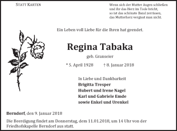 Traueranzeige von Regina Tabaka von Waldeckische Landeszeitung