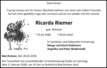 Traueranzeige von Ricarda Riemer von Waldeckische Landeszeitung