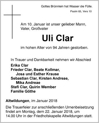 Traueranzeige von Uli Clar von Waldeckische Landeszeitung