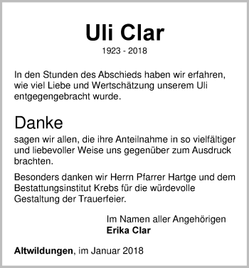 Traueranzeige von Uli Clar von Waldeckische Landeszeitung