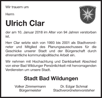 Traueranzeige von Uli Clar von Waldeckische Landeszeitung