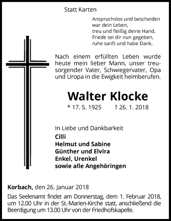 Traueranzeige von Walter Klocke von Waldeckische Landeszeitung
