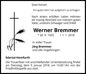 Traueranzeige von Werner Bremmer von Waldeckische Landeszeitung